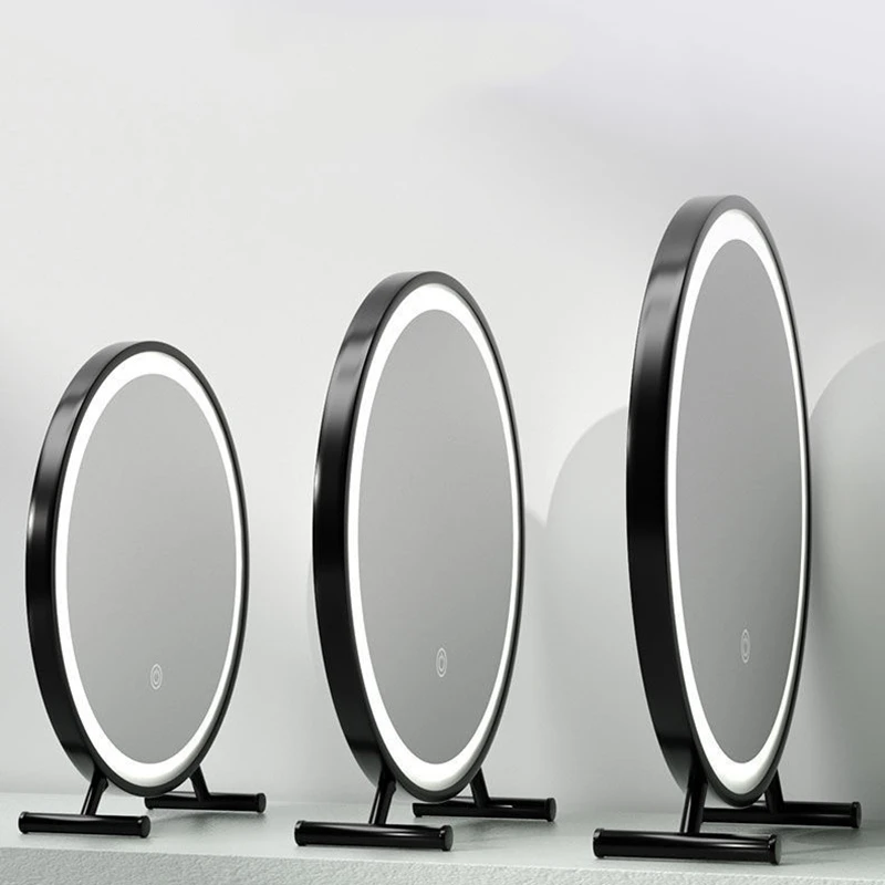 Metal Frame Vanity Mirror Round Bedroom Large Electric Desk Makeup Mirror Led Light Espejo Maquillaje Bedroom Decoration Luxury