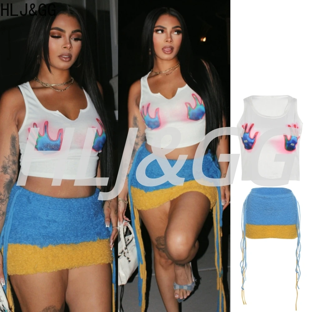 

HLJ&GG Fashion Y2K Print Streetwear Women O Neck Sleeveless Tank Top And Tassel Mini Skirts Two Piece Sets Summer 2pcs Outfits