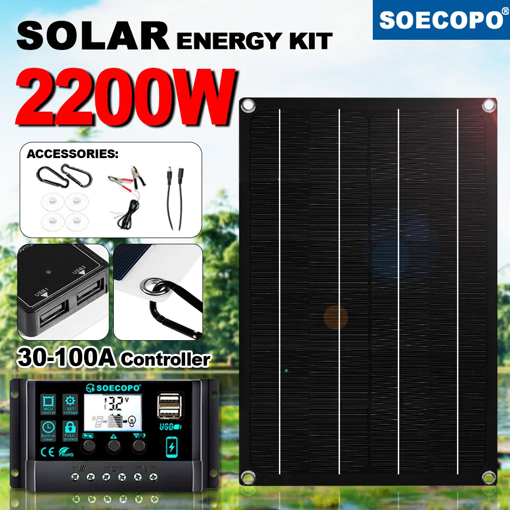 SOECOPO Solar Panel Kit 30A - 100A Controller 5V1.5A USB Portable Solar Kit Camping Phone Charging Outdoor Camper Accessories