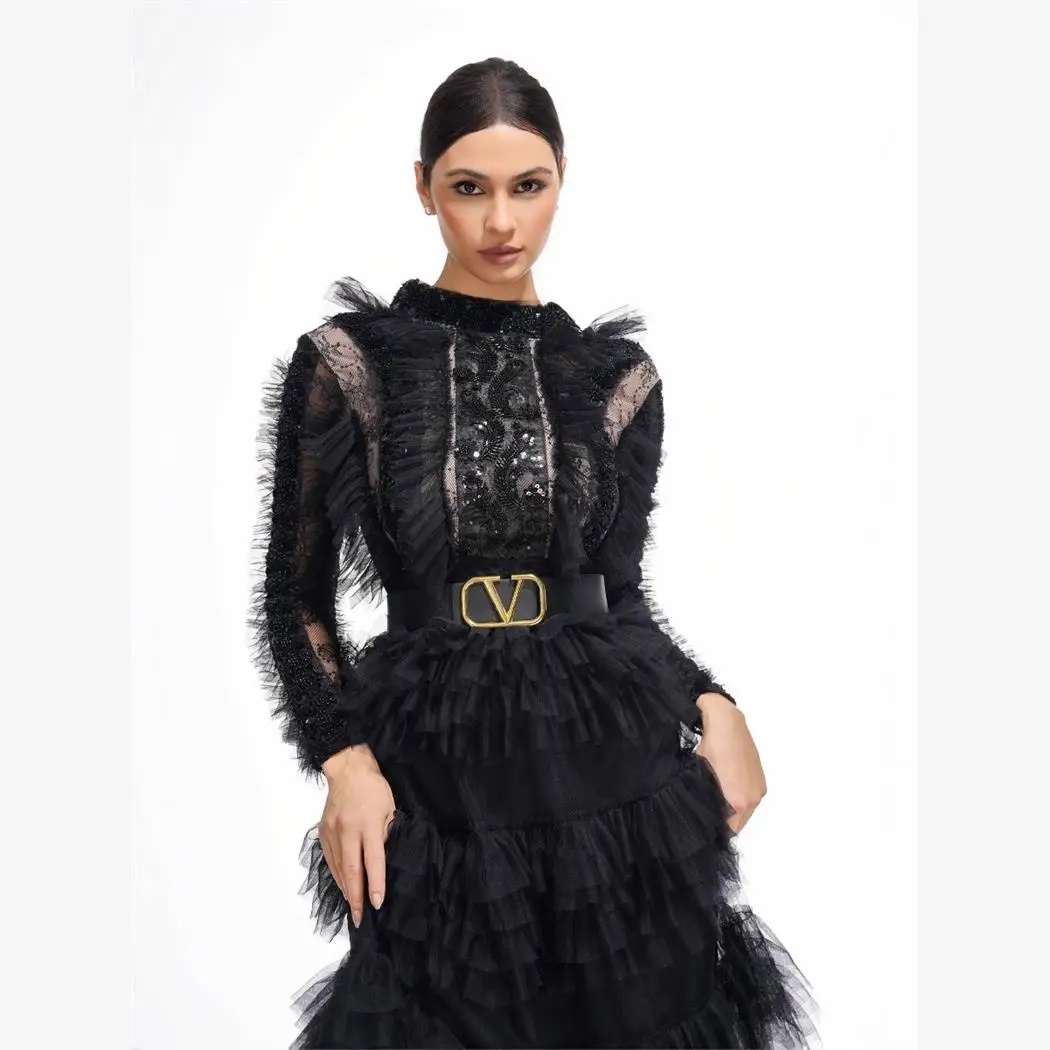 

Ele Women's Evening Dr Cross-Border High Waist Slim Fit Long Sve KTV Costume Polyester Fabric Host Dr