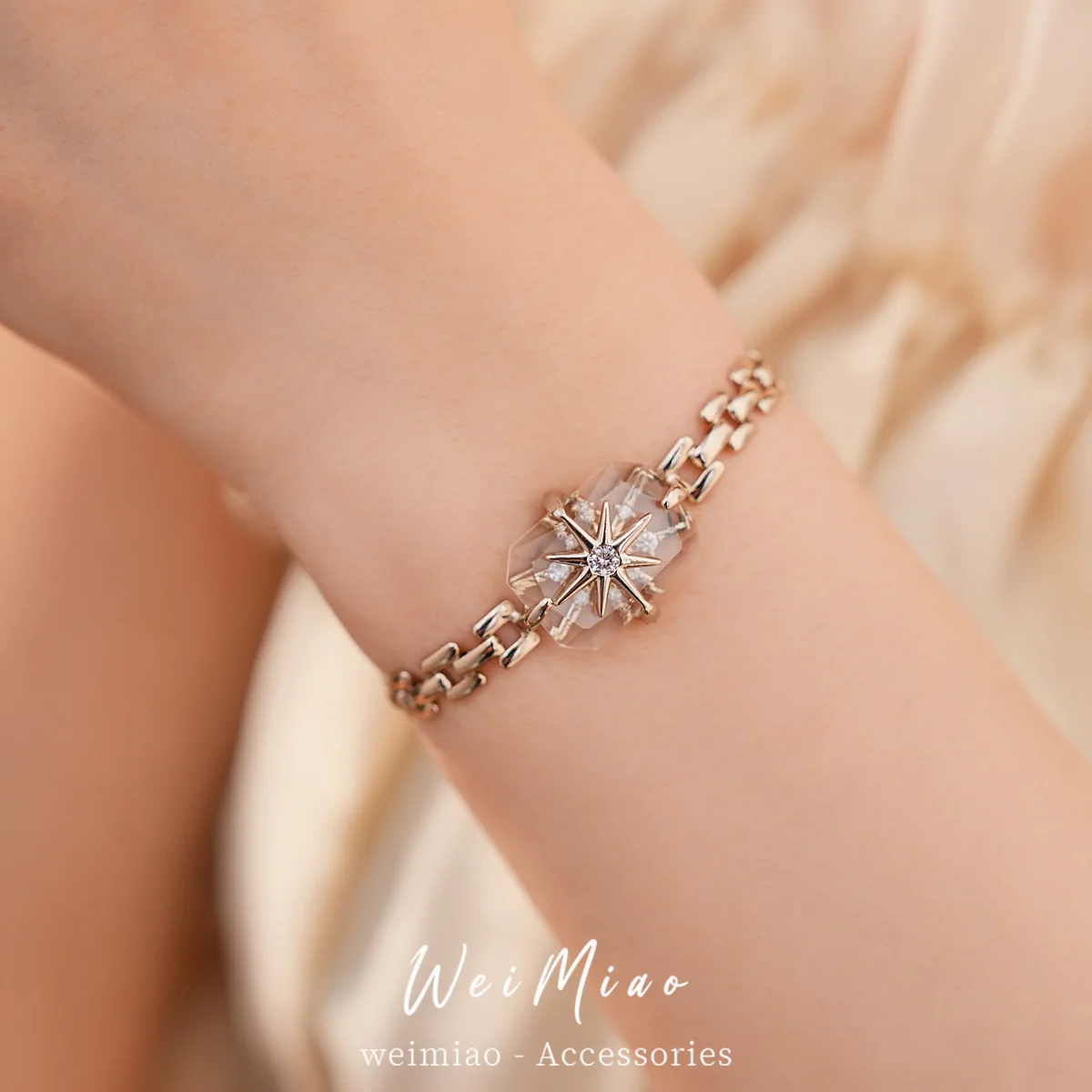 Geometric Clear Crystal Tile Bracelet Centered With Radiant Star Motif Polished Link Chain Bangle Accessory For Night Party