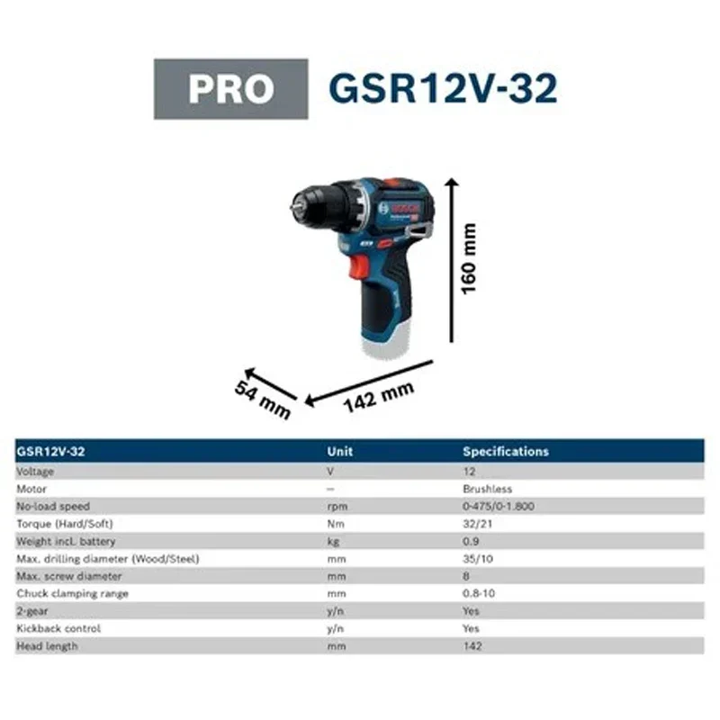 Bosch GSR 12V-32 Brushless Cordless Drill Driver 12V Electric Screwdriver Compact Power Tool For Wood Metal Household Repair