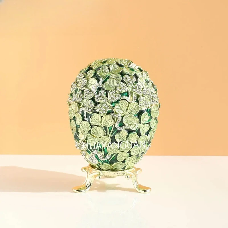 Easter Egg Trinket Box, Faberge Style Enamel Jewelry Holder, Metal Clover Base Ornament, Detachable Storage for Ring & Earring
