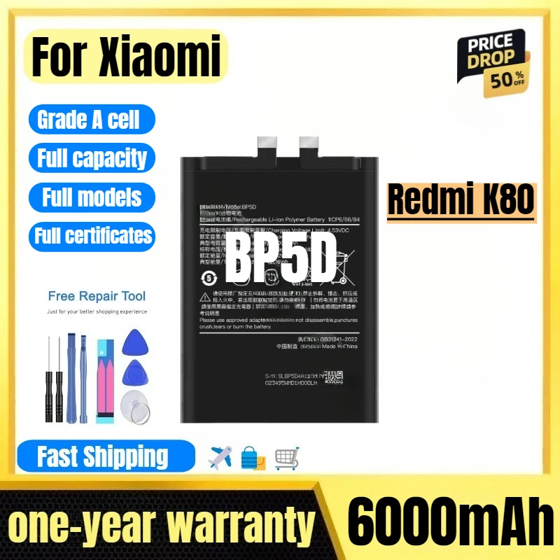 

BP5D for Xiaomi Redmi K80 PRO Mobile Phone Battery High Quality High Capacity Battery Replacement Bateria Grade A Cell with Tool