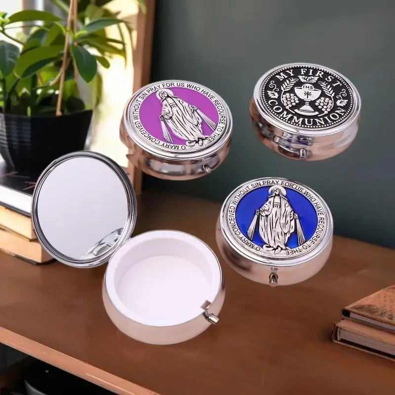 Classical Metal Holy Sacrament St. Benedict Rosary Storage, Religious Jewelry Round Gift Box