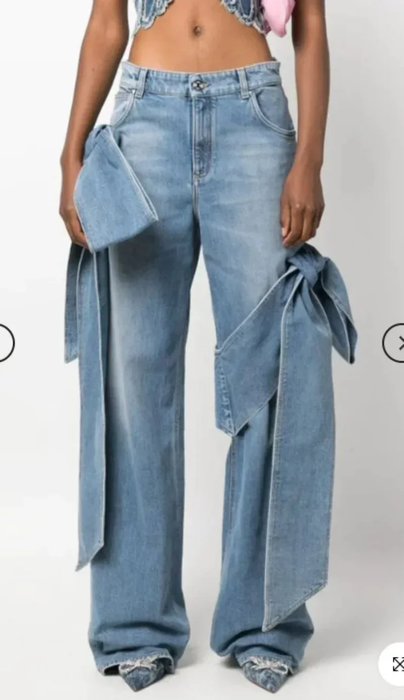 Celana Jeans Lurus Pinggang Tinggi Tali Sambungan Rasa Desain Baru Musim Semi 2024 Celana Panjang Kasual Wanita Retro Street Washed