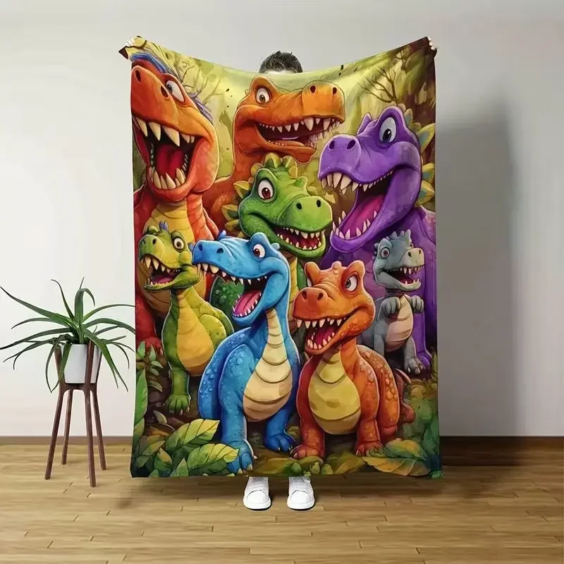 VIKAMA Cartoon Dinosaur Flannel Throw Blanket Colorful T-Rex Jungle Print Soft Warm Blanket Kids Bedroom Sofa Decor Gift