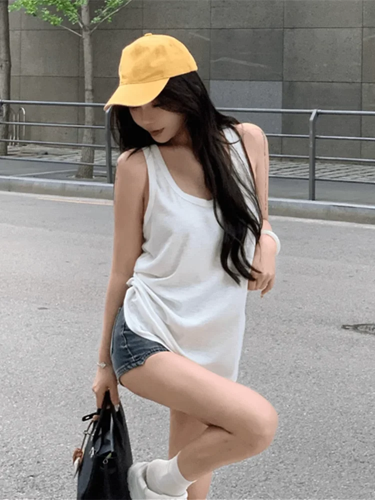 Women's Loose Long White Sun Protection Shirt Summer Casual Style Backless Vest Top Butt Covering Outerwear U-Neck Other Fabric