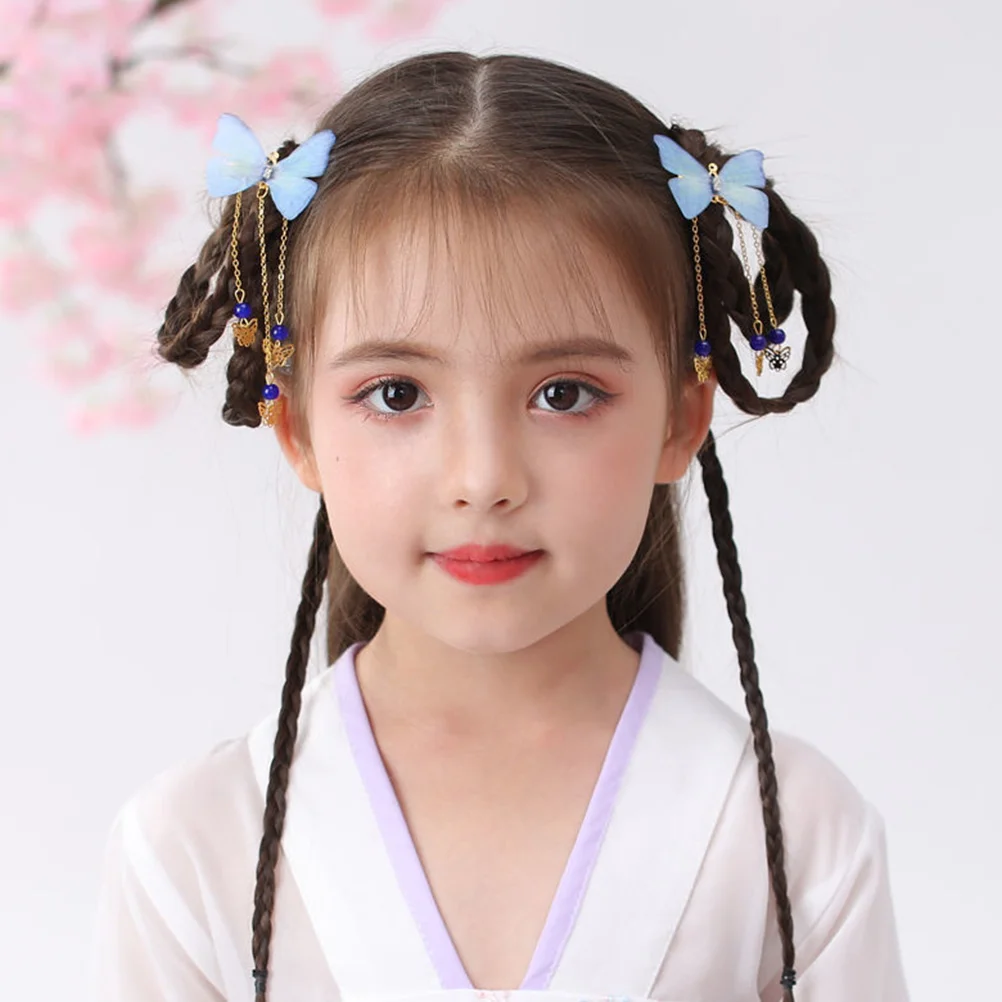 

Butterfly Headdress Hair Ornaments Hanfu Accessories for Women Hairpin Girls Tassel Clip Blue Tassels Decorations Child