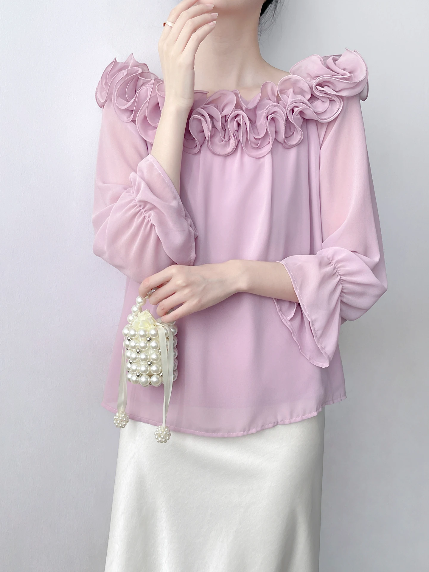 

French Style Purple Shirt One Shoulder Long Sleeve Women's Fashion Sweet Top Gentle Flower Pattern Breathable Polyester