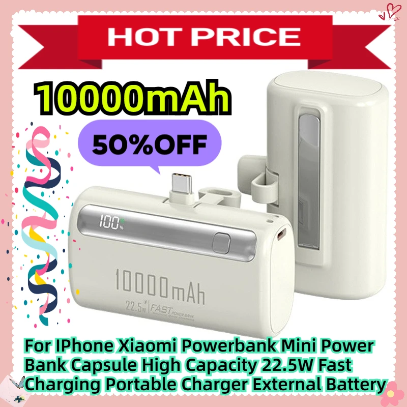 

For IPhone Xiaomi Powerbank 10000mAh Mini Power Bank Capsule High Capacity 22.5W Fast Charging Portable Charger External Battery