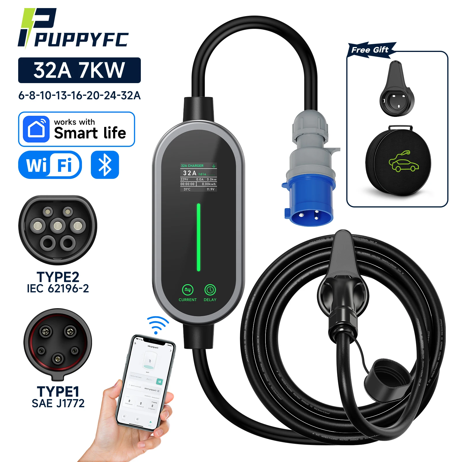 

Puppyfc 32A 7KW Portable EV Charger Type2 Type1 Electric Vehicle Charger GB/T EVSE Charging CEE Plug Cable Wi-Fi APP Control
