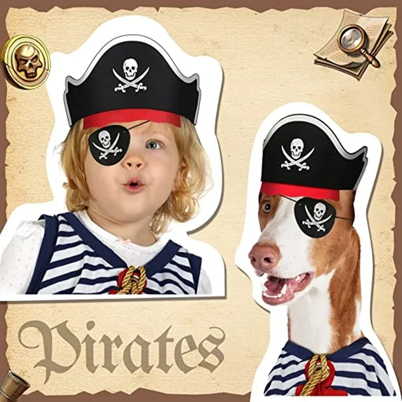 12 PCS Pirate Hat One-Eye Sticker Skull Pattern Halloween Captain Pirate Costume Cartoon Children Birthday Party Decoration