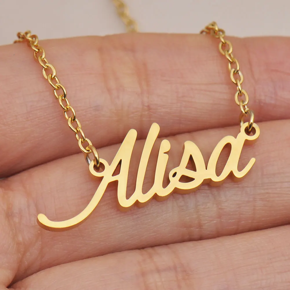 

AOLOSHOW Alisa Gold Color Stainless Steel Name Necklace Dainty Nameplate Pendant Jewelry for Women Female Birthday Gift