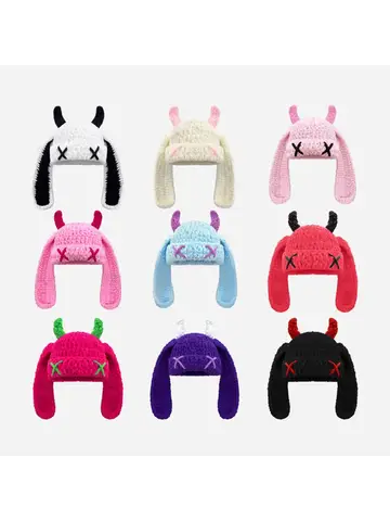 Cute And Funny Little Devil Long Ear Knitted Hat Autumn And Winter Warmth Ear Protection Handmade Cow Horn Hat