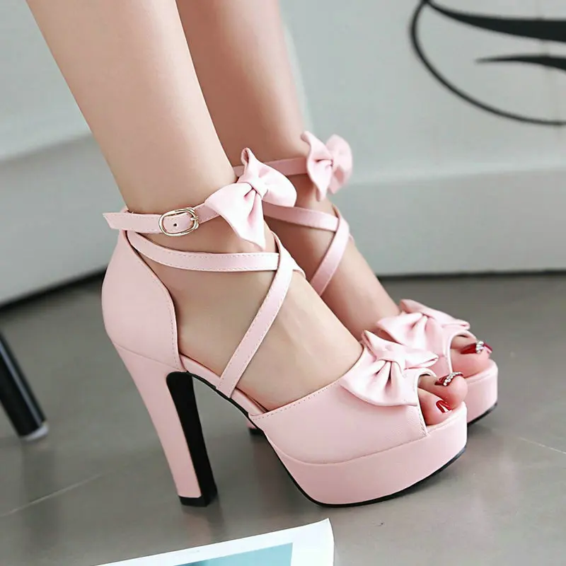 

Extra Plus Size 45 46 Pink Purple Sweet Ladies Summer Shoes Peep Toe Bowtie Knot Cross Strap Platform Thick High Heel Sandals