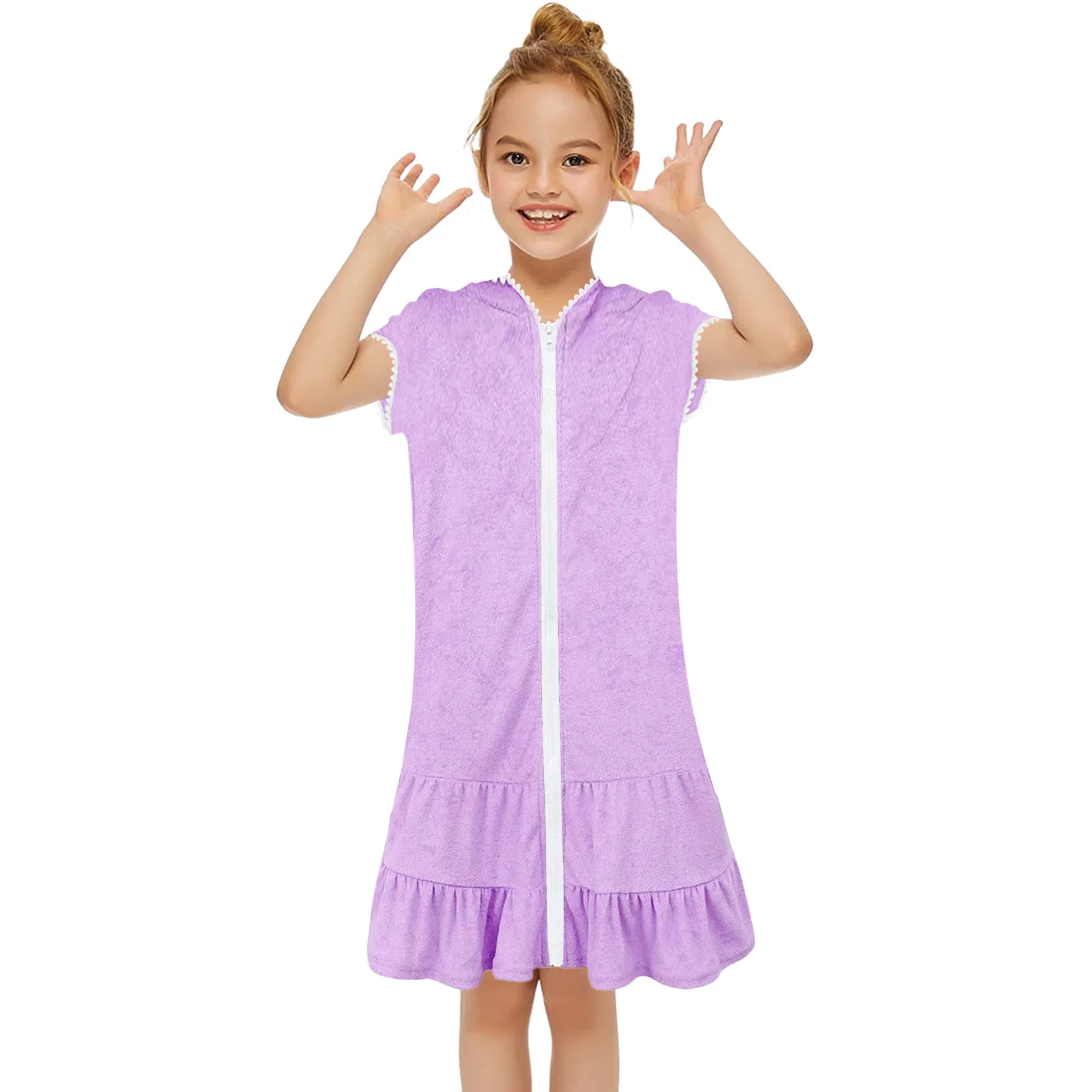 3T 7T 11T Kids Girls Swim Cover Up Swimsuit Coverup Zip Up Beach Bathing Suit Hooded Bathrobe Absorbent Towels Kids Beach Dress