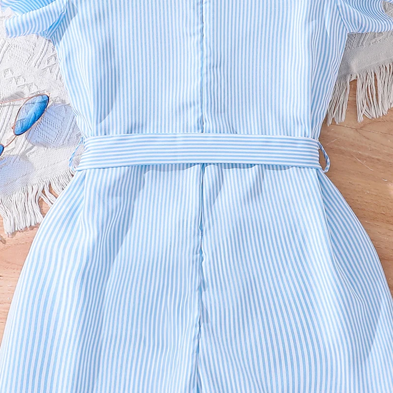 2024 New Fashion Girl Casual Jumpsuits 8-12 Years Blue Round Neck Flying Sleeve Jumpsuits With Detachable Belt Kid Daily Clothes