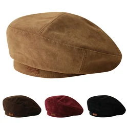 Leather Label Suede Beret for Women Autumn Winter Versatile Keep Warm Cap Korean Retro Texture Beret Fashion British Painter Hat