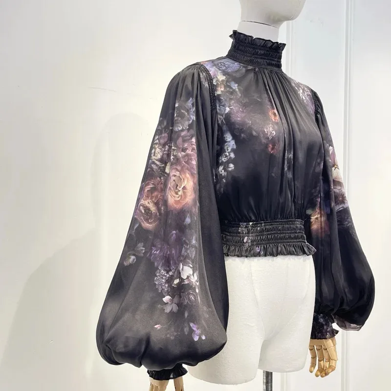 بلوزة بأكمام طويلة وطبعة زهور سوداء على الموضة الجديدة لعام 2026 ومجموعة تنورة ميدي #5