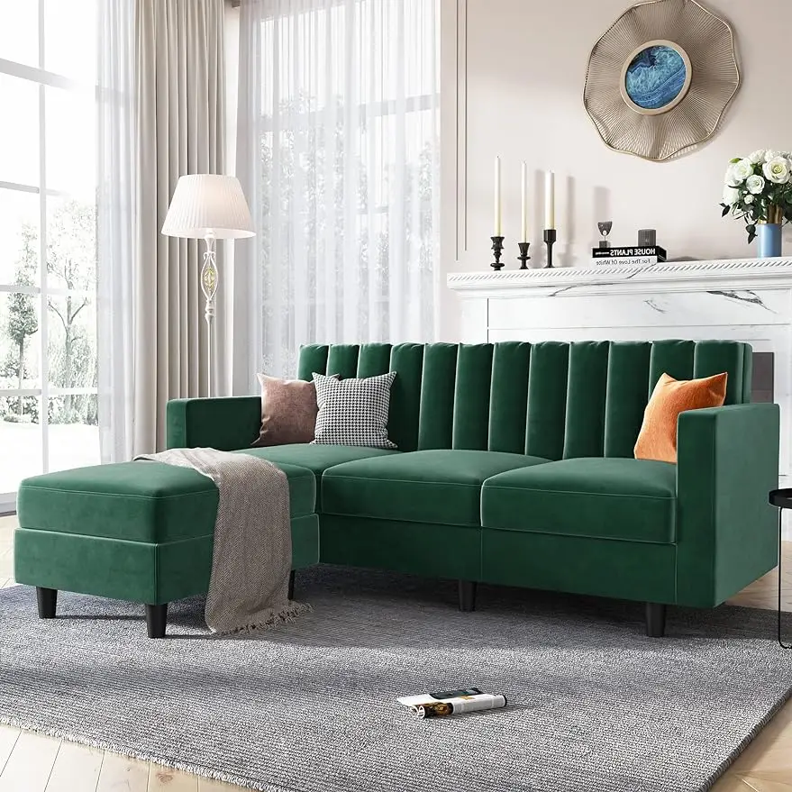 Velvet Convertible Sectional Sofa, L Shaped Couch with Reversible Chaise for Small Apartment