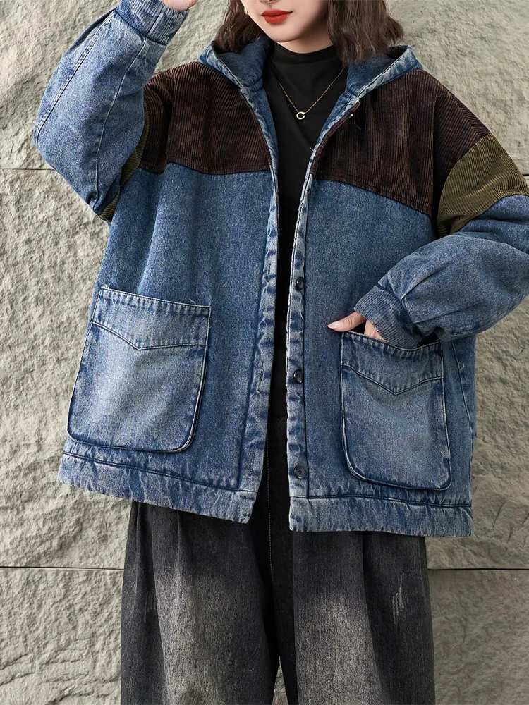 Amax lulue inverno moda feminina com capuz denim veludo acolchoado casacos femininos vintage jaquetas de grandes dimensões casual engrossar quente parkas