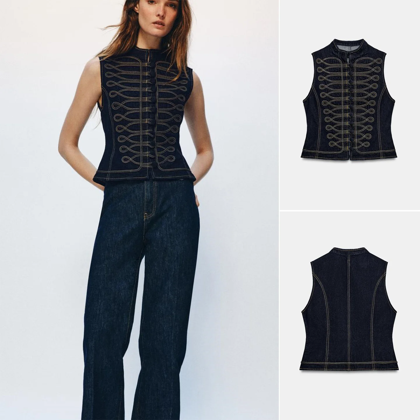 Summer New Women's Casual round Neck Sleeveless Color Block Rope Knot Denim Vest Slim Fit Polyester Fiber Zipper Closure
