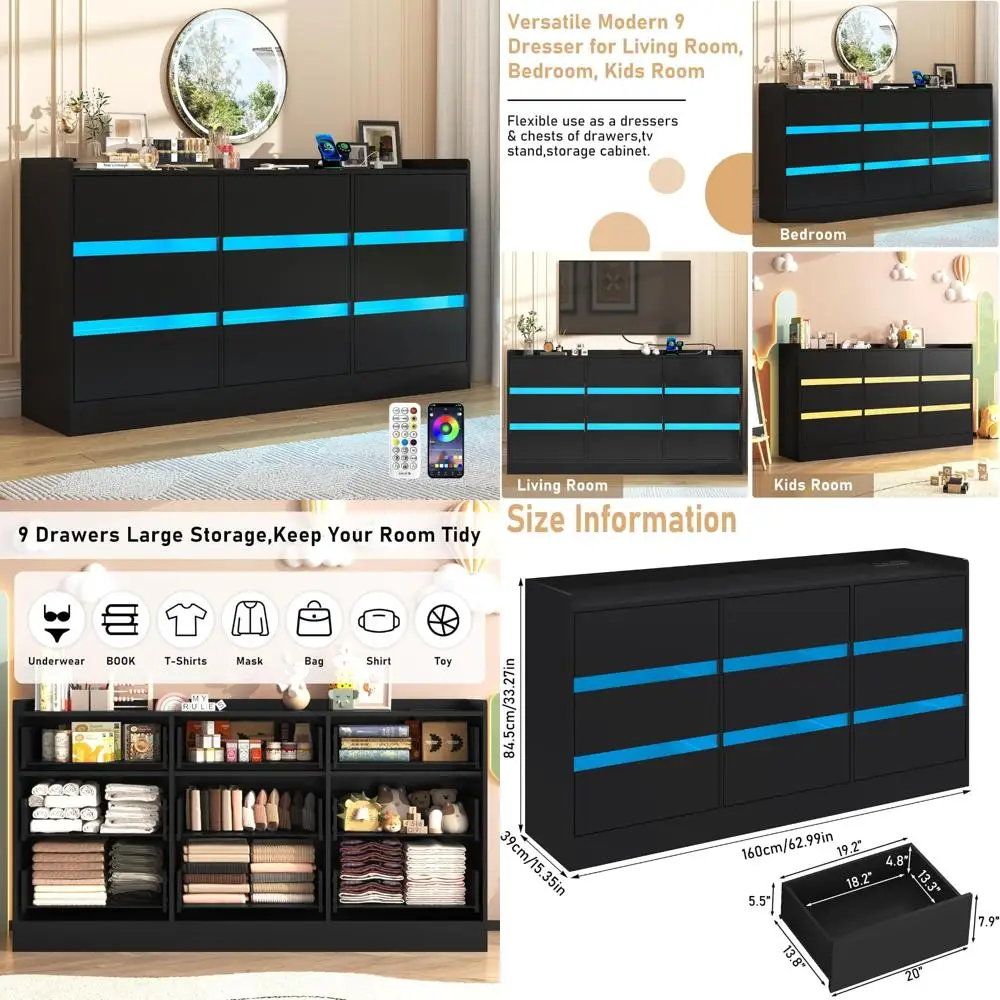 

Modern LED-lit 9-Drawer Dresser with Charging Station and Wooden Storage