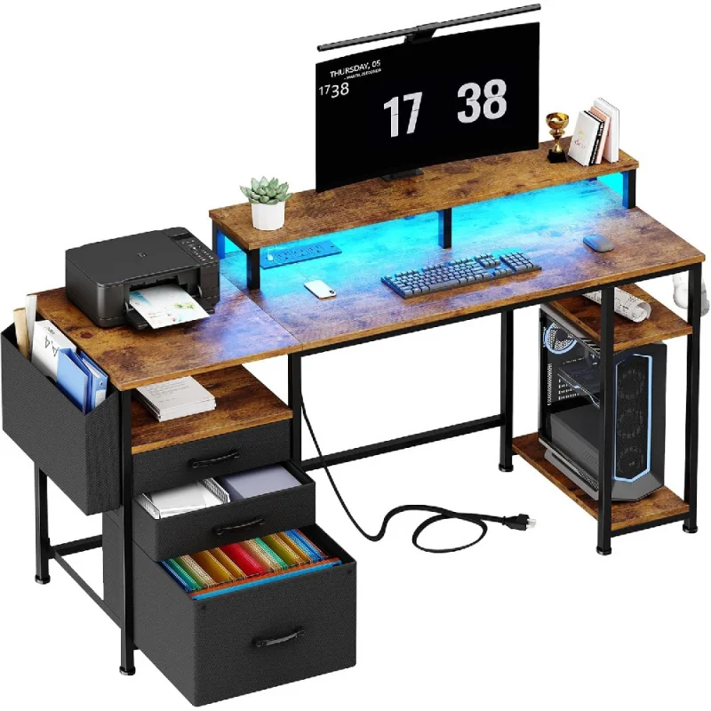 

Gaming Desks with Led Lights and Power Outlets, 55 Inch Study Writing Computer Desk with Fabric File Drawers Cabinet