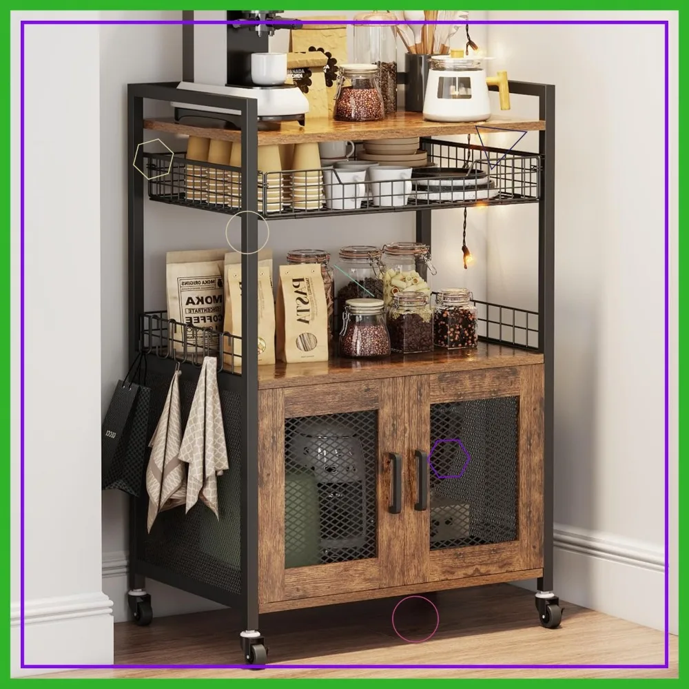 

3-Tier Rolling Coffee Bar Cabinet with Drawer & Hooks, Rustic Brown Kitchen Cart on Wheels