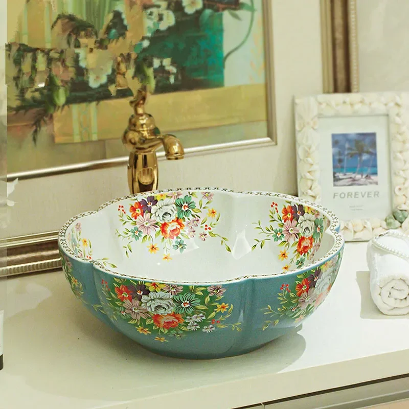 Western Antique Chinese Bathroom Washbasin Washbasin Sink Flower Shaped Ceramic Washbasin Green and White Bathroom Sink
