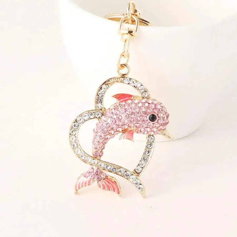 

Heart Shaped Dolphin Keychain Studded With Rhinestones For Car Bag Decoration