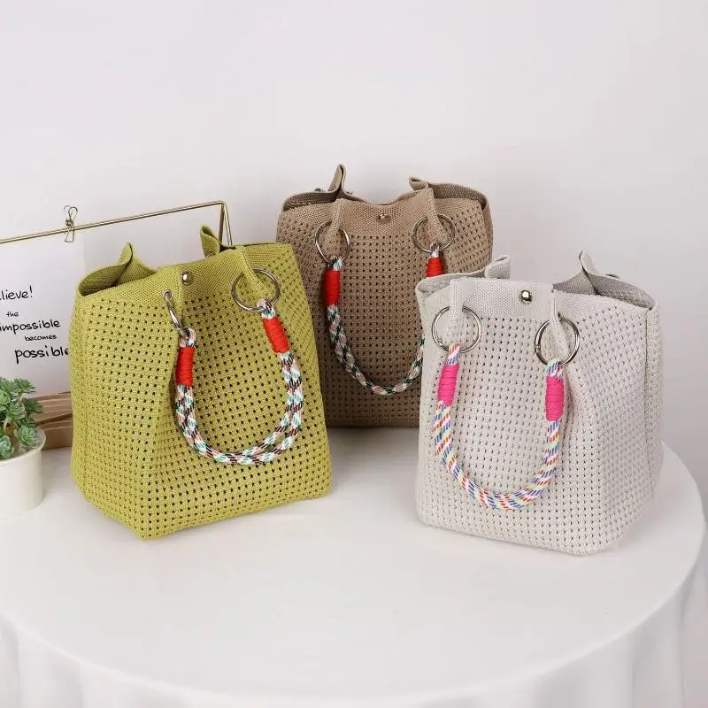 Hot Sale Mini Knitted Bucket Bag Women Small Handbag Geometric Colorblock Wristlet Purse With Detachable Handle 1PC