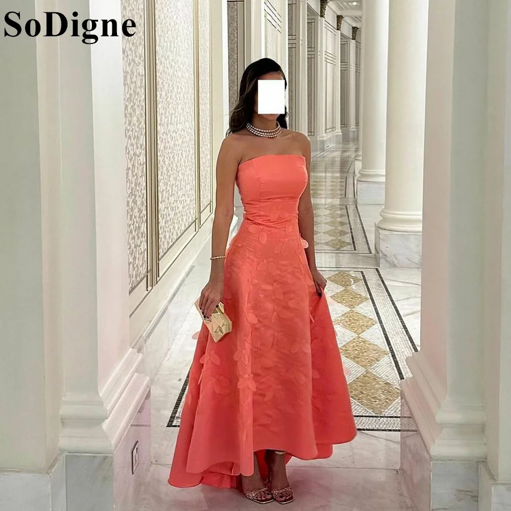 

SoDigne Simple A-Line Strapless Satin Prom Dresses Appliques Flowers 2024 Vintage Evening Gown for Women Formal Occasion Dress