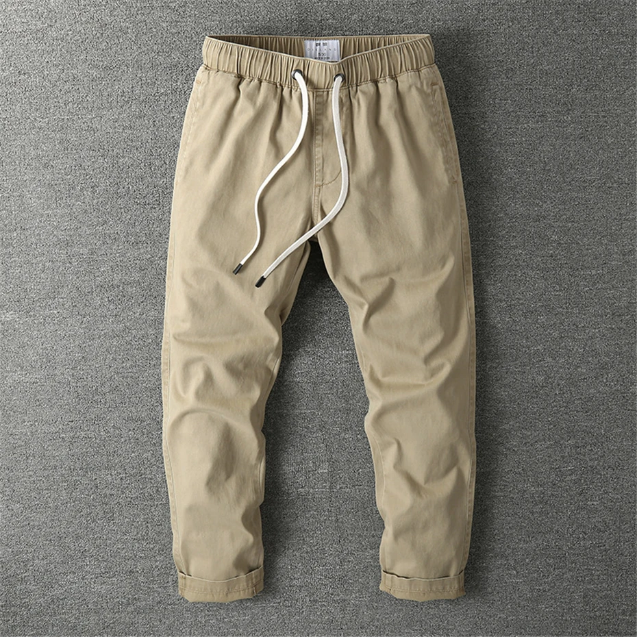 Straight Pants Men Solid Color Sweatpants Fashion Casual Elastic Waist Cargo Pants Male Trousers Grey Khaki
