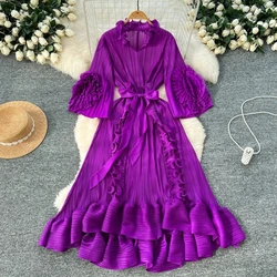 Miyake Pleated Applique Elegant Ruffles Loose Dress Women Autumn Plus Size Fashion Long Sleeves Solid Color Slim Party Dresses