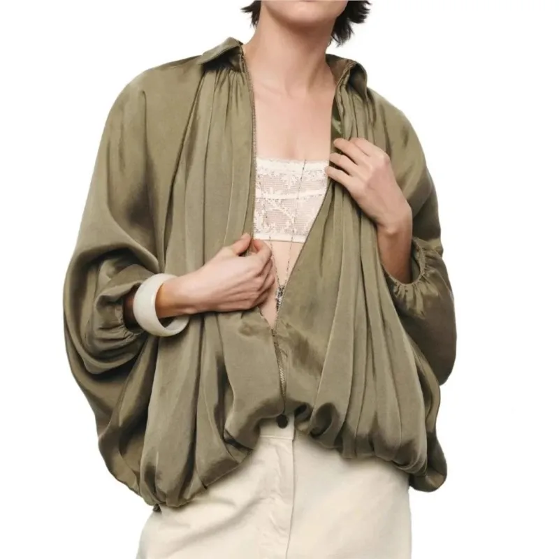 

Модная брендовая повседневная зеленая куртка женская свободная плиссированная куртка с лацканами на молнии с длинными рукавами и крыльями летучей мыши пальто-бомбер женская уличная верхняя одежда