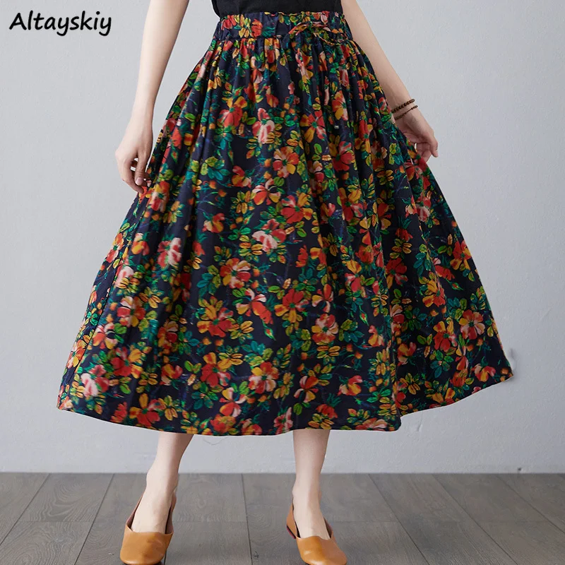 Skirts Women High Waist Printed 2021 New A-line Retro Loose Baggy Korean Style Spring Summer Long Casual Holiday Chic Floral Ins