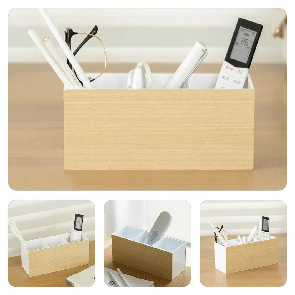 

Wooden Table Organizer Multi-Grid Pen Case for Smartphone Remote Control Hand Cream Brush Storage Desktop Organization Box