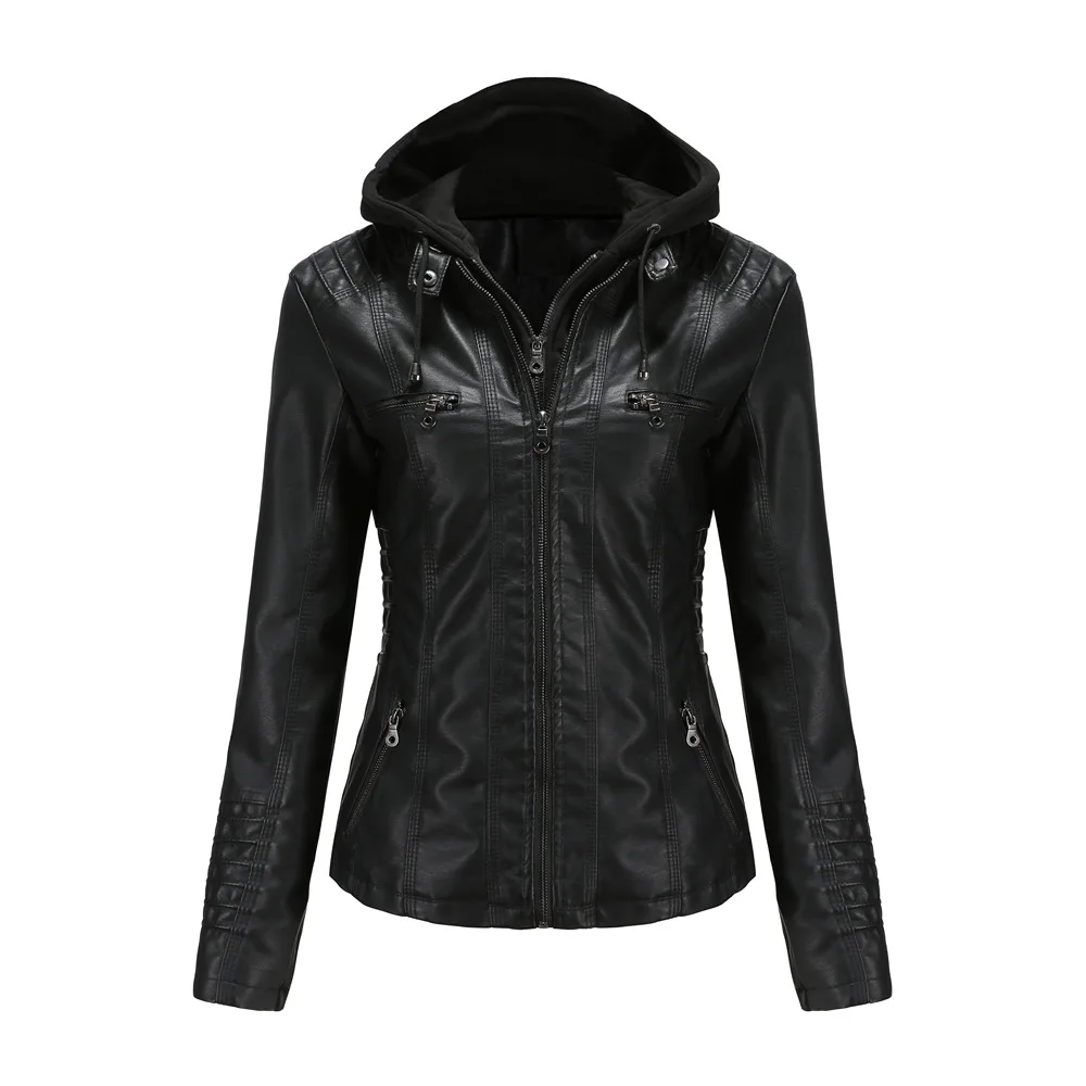 

Motorcycle Long Sleeve Zipper Coat Black Outerwear XS-7XL Autumn Winter Women Leather Jacket Hooded Removable PU Leather Jackets