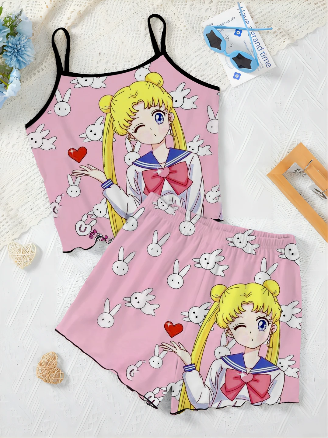 Fashionable, casual, comfortable, simple, 2-piece set, comfortable tops and shorts pajamas for women, Sailor Moon print, satin,