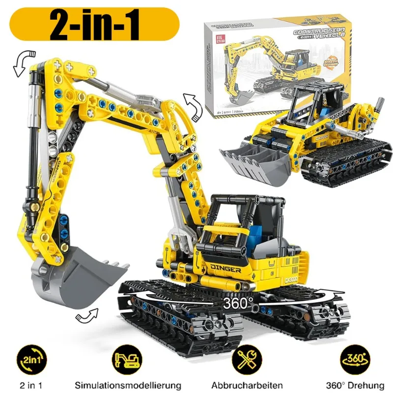 Ensemble de blocs de construction 2-en-1 excavatrice et bulldozer avec 399 pièces, jouet de construction STEM pour garçons – Un cadeau idéal pour les jeunes passionnés de mécanique, jeu d'imitation parent-enfant et construction à double modèle