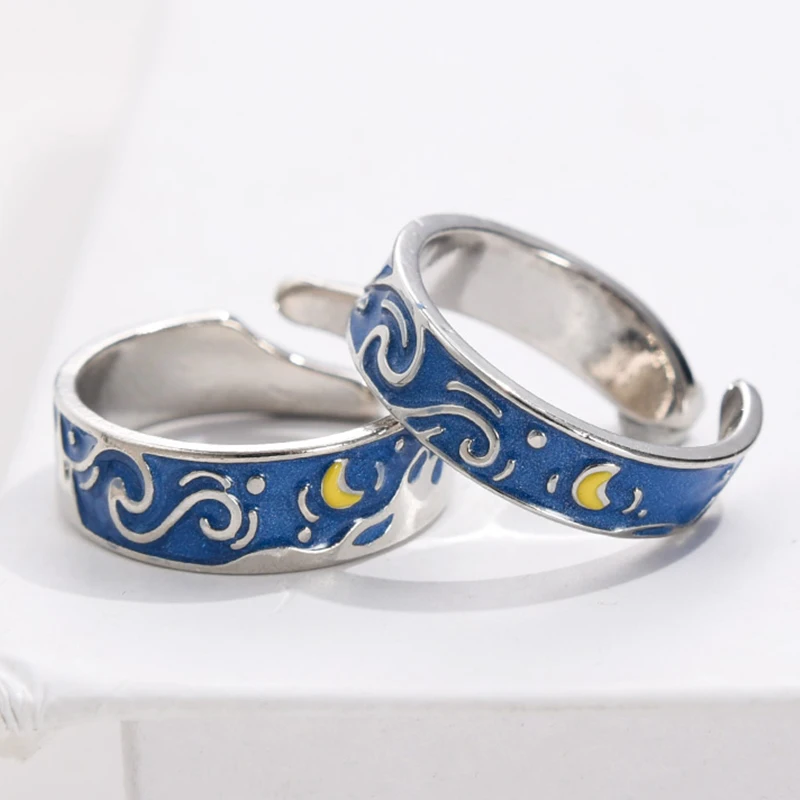 2pcs Creative Van Gogh Starry Sky Couple Rings Night Star Moon Open Ring for Women Men Lovers wedding Finger Sliver Ring Jewelry