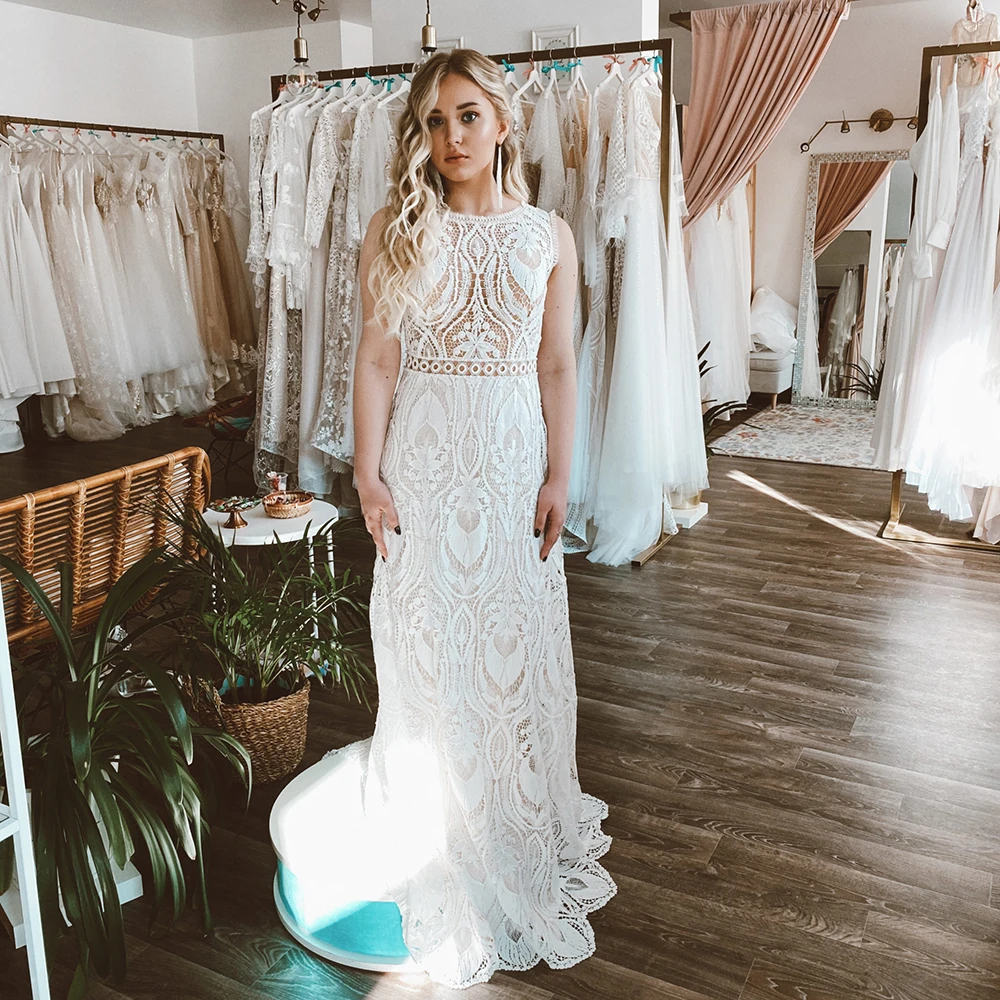 Abiti da sposa da spiaggia senza schienale Immagine reale Corchet Pizzo Paese occidentale Abito da sposa a sirena bohémien Abito da sposa Spiaggia