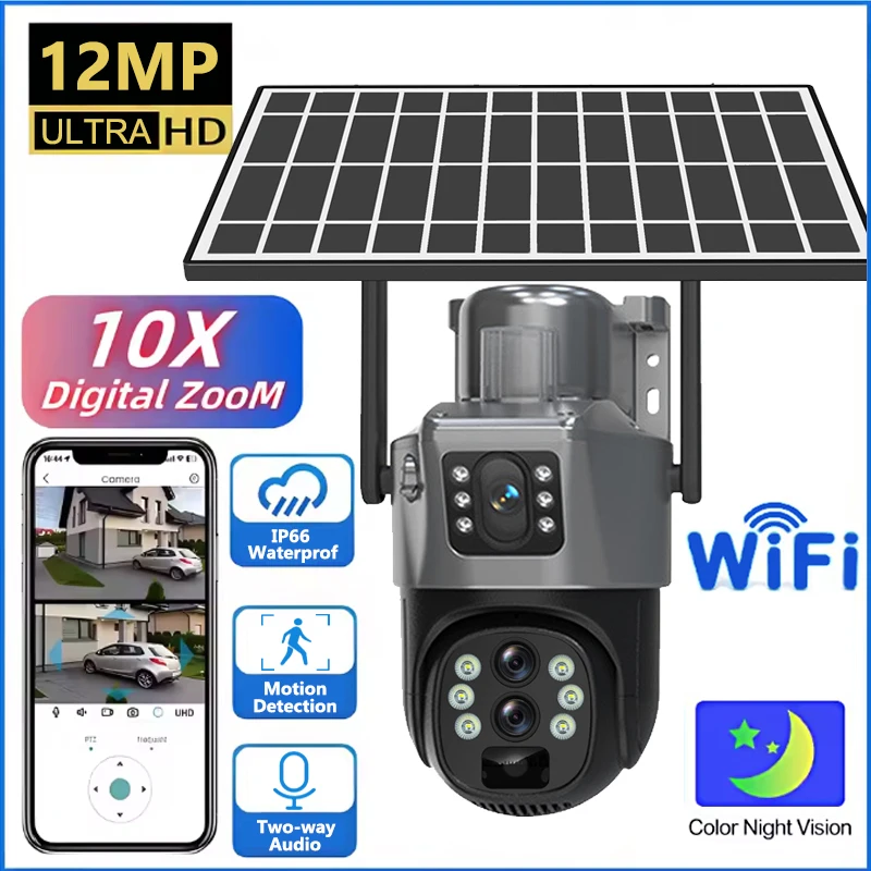 

12MP Three Lens 4G Solar Camera Monitor Detection Night Vision Waterproof Security Video IP Camara CCTV Surveillance PTZ Cam