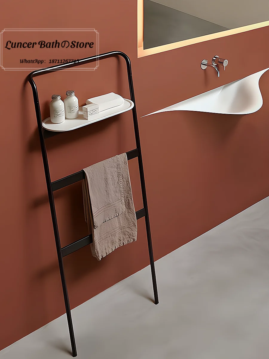 Nordic non-punching vertical white stainless steel towel rack bathroom simple black floor trapezoidal towel rack