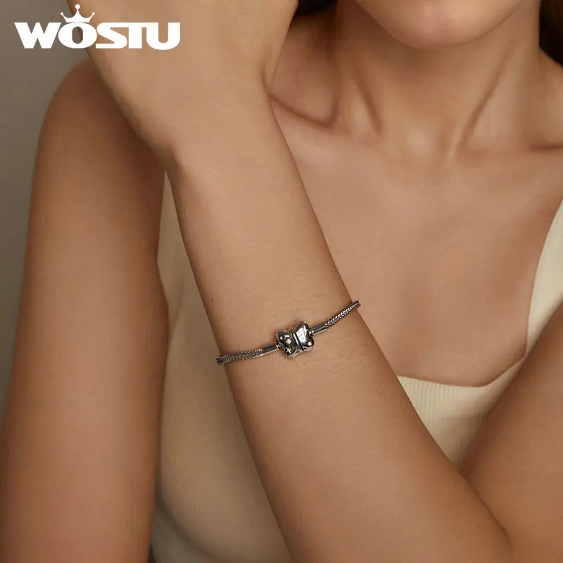 WOSTU 925 Sterling Silver Basic Bangle Bracelet For Charms Beads Bowknot Shiny Zircon Star Clasp DIY Jewelry For Daughter Girl