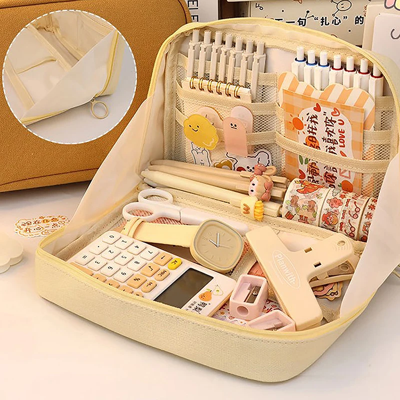 Вместительная женская косметичка, милая Холщовая Сумка для ручек, органайзер, корейские канцелярские принадлежности для школы и офиса для девочек, 1 шт.