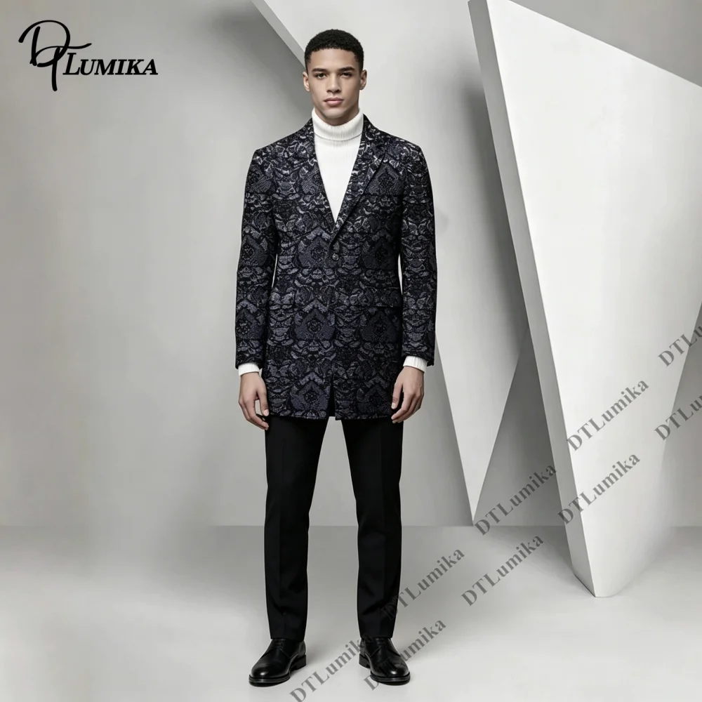 Custom‑Fit Men Patterned Overcoat Style Suit 2‑Piece Blazer Trousers Set Modern Outfit for Evening Gathering Urban Social Events