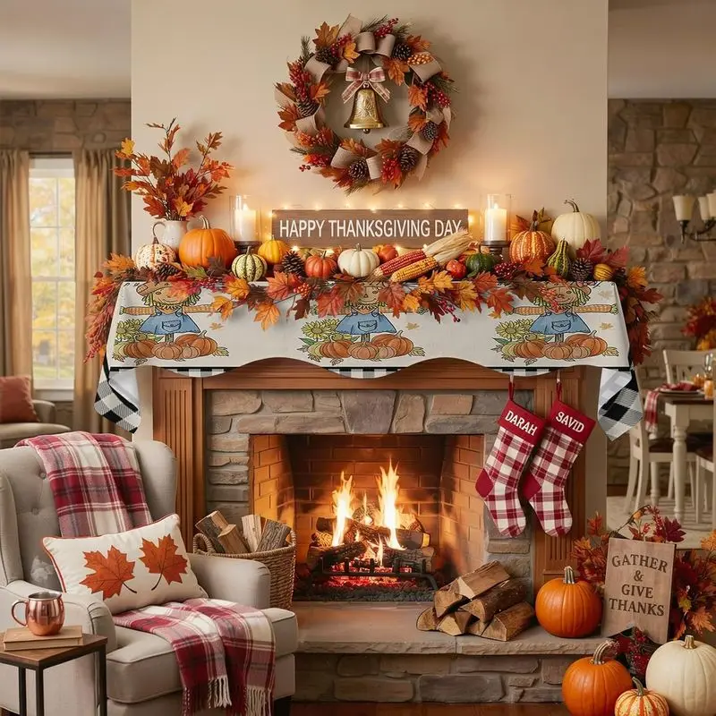 VIKAMA Fall Thanksgiving Mantel Scarf Scarecrow Pumpkin Mantel Runner Maple Leaf Home Fireplace Holiday Decoration
